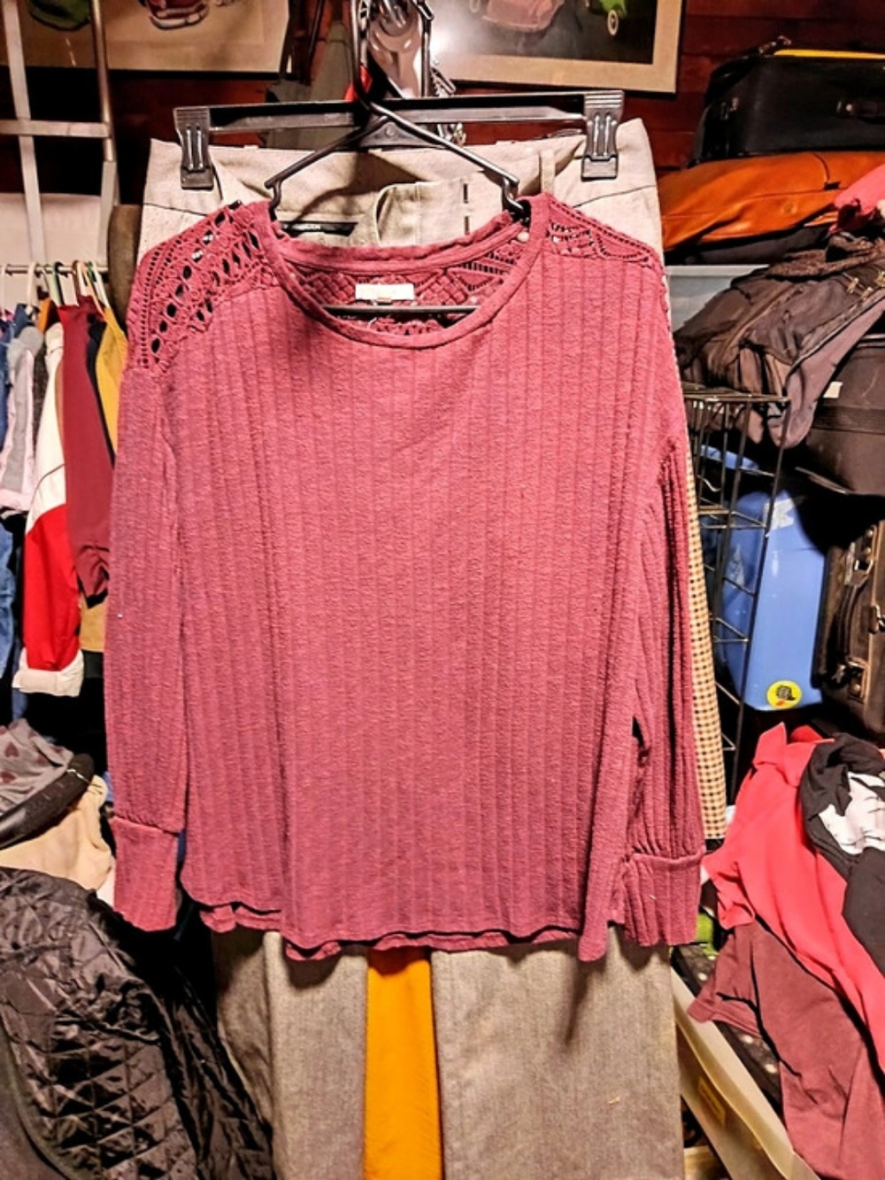 Crochet Yoke Long Sleeve Top in Pink Like New